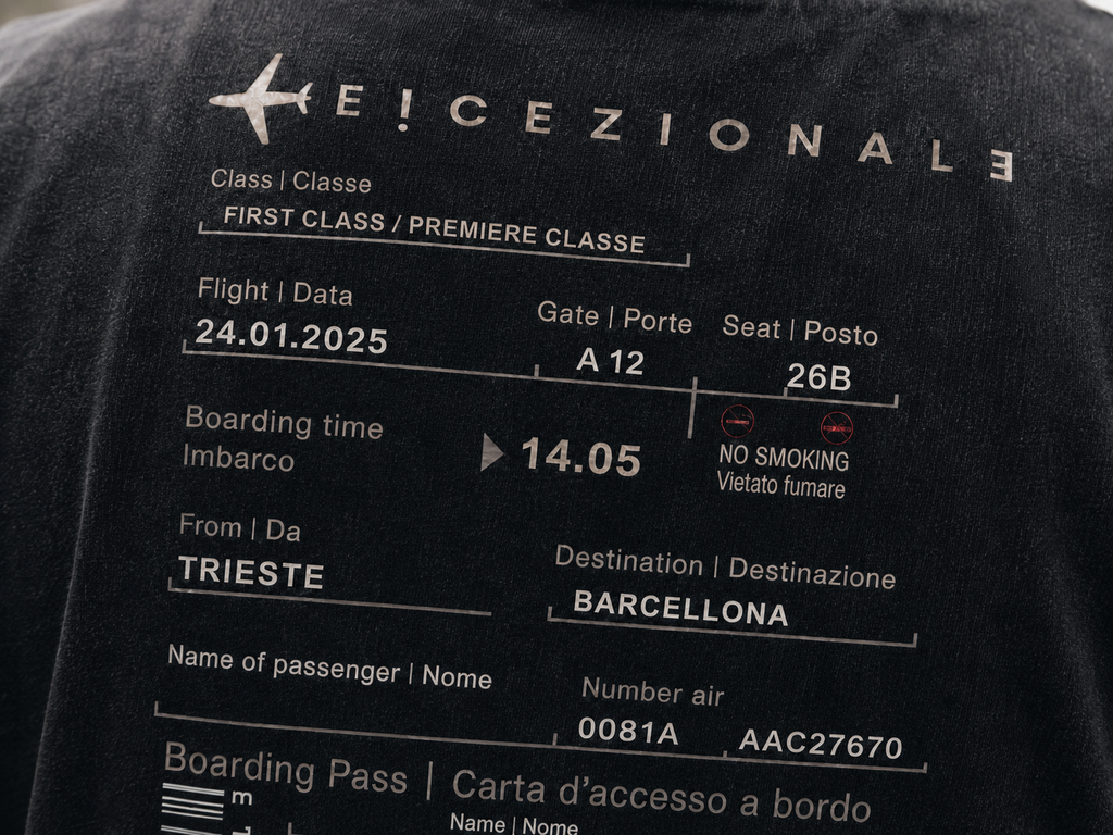 Dettaglio ravvicinato della stampa boarding pass sulla TravelTee Nera acidwash, mockup grafico